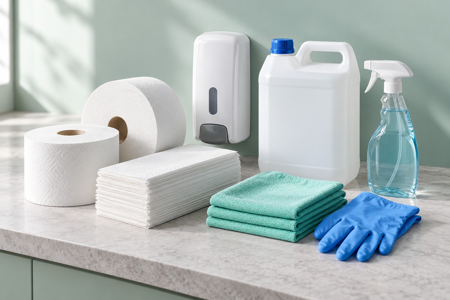 Symbolbild: Hygienepapiere, Spender, Reinigungsmittel und Zubehör auf einer hellen Arbeitsfläche